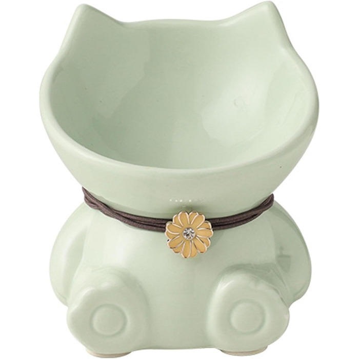 Миска для кота Disoza, піднята, кераміка, зелена, 14.8x14.6x14.3 см, миска у формі кота, для годування, сумісна з посудомийною машиною