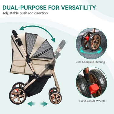 Візок для собак та котів YITAHOME, складна конструкція, до 22 кг, з обертовим ручками, сітковими вікнами, тримачем для напоїв та колесами EVA з гальмом (Бежевий)