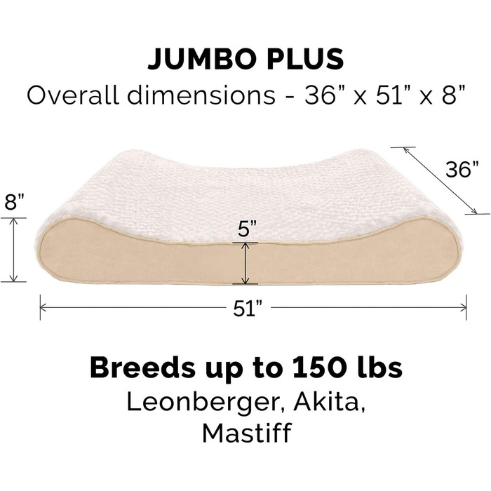Крісло-ліжко для собак великих порід Furhaven з memory foam, знімний та пральний чохол, до 68 кг, штучне хутро та замша, кремовий колір, Jumbo Memory Foam, 130 x 91 x 20 см