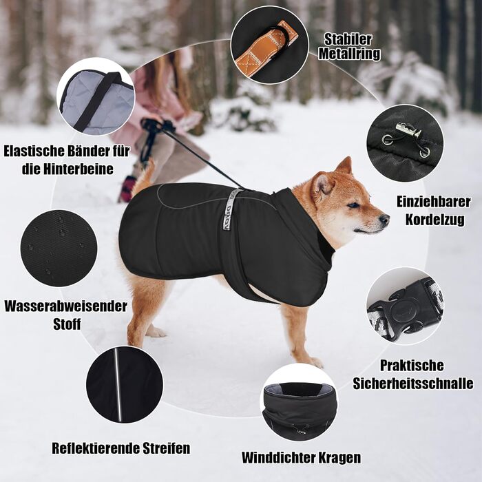 Зимовий теплий одяг для собак FeimaX: вітронепроникна куртка для середніх та великих собак. Відображає світло, регулюється, з D-кільцем. Чорний колір, розмір 4XL