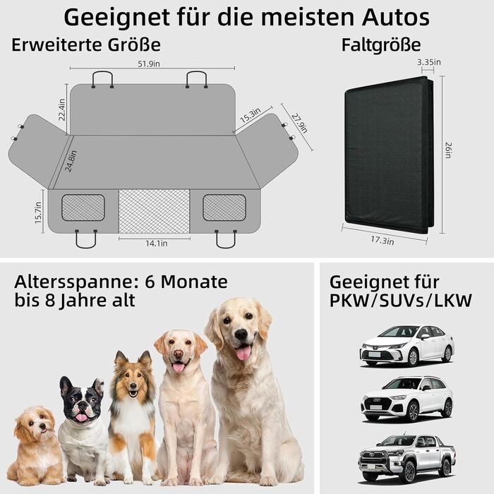 Задній сидіння для собак, жорсткий піддон (132x63,5 см), вантажопідйомність 40 кг, неслизька тканина Oxford для SUV/Kombi/Pick-up (Чорний)