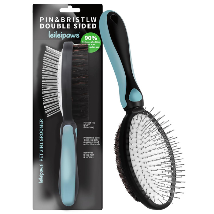 Двостороння щітка для собак та котів – вичісувальний гребінь для довгої та короткої шерсті, металеві щетинки та натуральна щетина, ергономічна ручка TPR, м'який та ефективний догляд за шерстю (Синьо-Чорний)