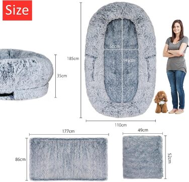 Ліжко для собак Jolitac 6XL, розмір для людини, сіре, 185x110x35 см. Зручне, миється, для великих собак та людей