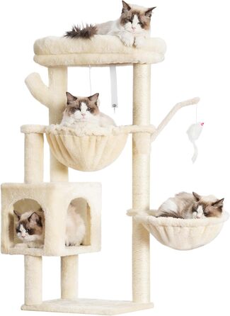 Котячий будиночок Heybly Kratzbaum: 100 см, з платформою, печерею, 2 гамаками та іграшками. Активний котячий будиночок, HCT006SW (Бежевий)
