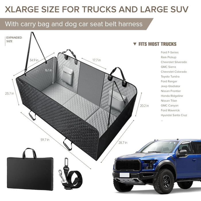 Захисний чохол на сидіння для собак у вантажівки XL, водовідштовхувальний, міцний, сірий. Підходить для F150, Ram1500 та великих SUV