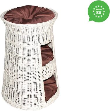 Кігтеточка-ліжко для котів: кругла хатинка з ротанга, триярусне ліжко для собак та котів, колір - білий, з коричневою подушкою