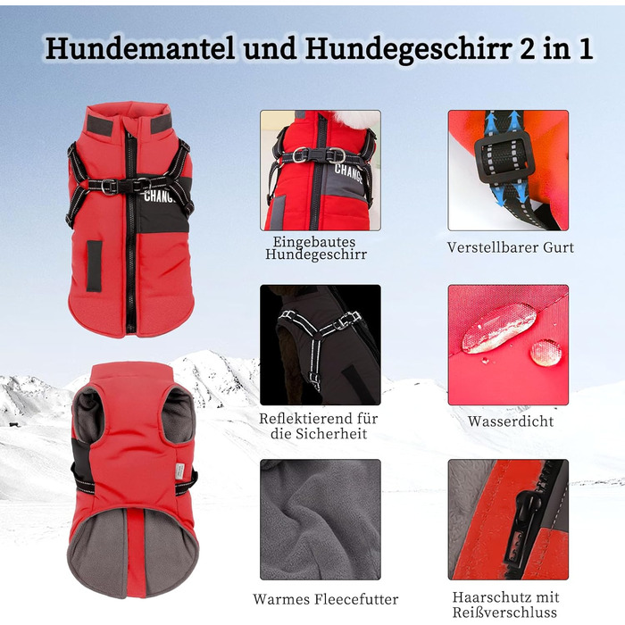 Зимовий одяг для собак: теплий куртка, жилет та нашийник для маленьких та середніх порід. Червоний колір.