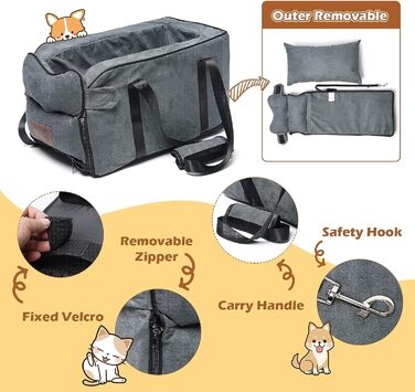 Автокрісло для собак та котів на середню консоль, стабільне, з ременем, знімний, миючий, для собак та котів до 6 кг (замша)