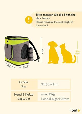 Сумка-рюкзак для кота Lionto, сіро-зелений, 34x30x42 см, водонепроникна, з кишенею для пляшки та подушкою, до 10 кг