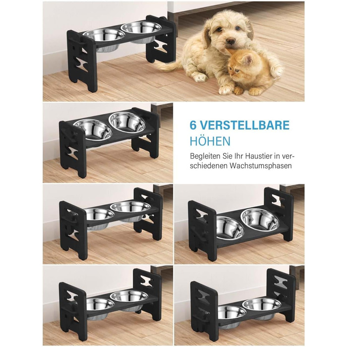 Підвищений годівниця для собак Vantic з підставкою, регульована висота, миска для маленьких собак та котів, міцна годівниця з бамбука з 2 нержавіюними мисками та протиковзкими ніжками (чорний)