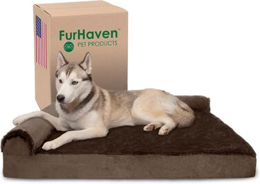 Ліжко для собак Furhaven XL з ортопедичною меморі піною, плюшева та велюрова лежанка у формі L з чохлом, що знімається і переться, коричнева