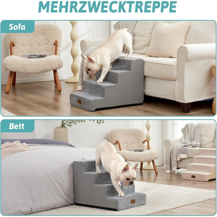 Сходинка для собак, 5 сходинок, 60 см, сіра. Підходить для маленьких собак, котів, ліжко, диван, авто. Виготовлена з високощільним пінопластом, знімний чохол. Розміри: 60x45x45 см