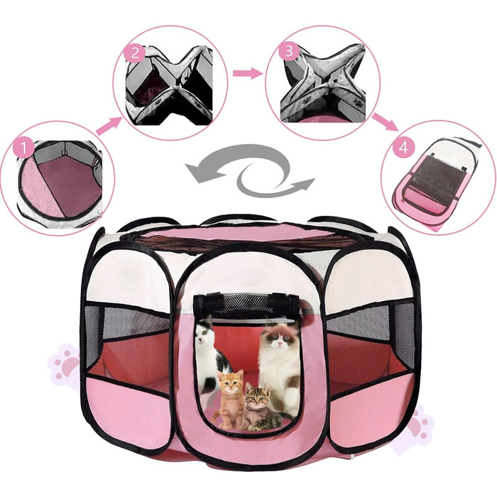 Клітка-бігове подвір'я для тварин BRIMOREA, 74x74x43 см, рожева. Підходить для собак, котів, кроликів та інших дрібних тварин, для дому та вулиці.