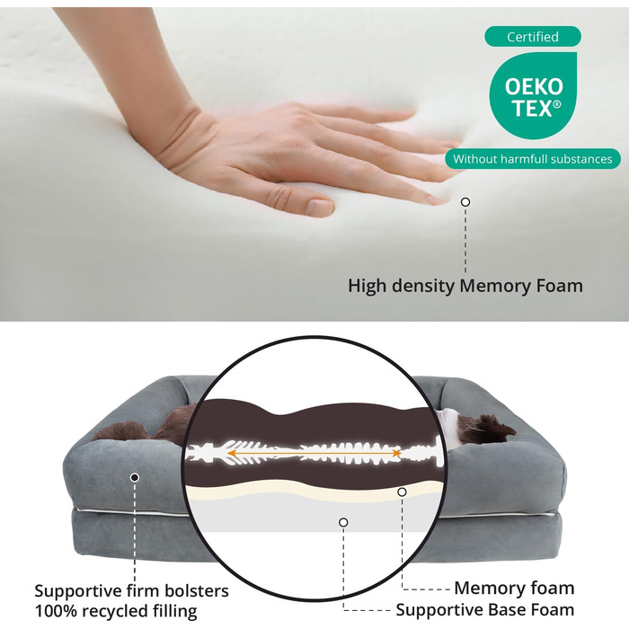 Ортопедичне собаче ліжко для великих собак, вологостійке, 90x65x23 см, сіре. Знімний, пральний чохол, комфортний плюш, підвищений борт