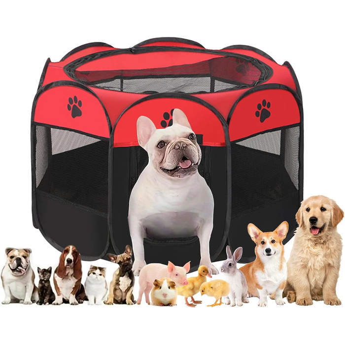 Розкладний вольєр для цуценят, переносний вольєр для собак, загон для тварин у приміщенні 74x43 см (Червоний)
