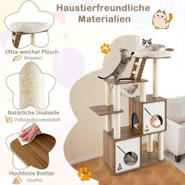 Дерев'яний котячий комплекс COSTWAY 145см, серія Badminton, з гамаком та 2 будиночками, сходинками, великий, з сизалевими стовпчиками, активний, коричневий+натуральний колір