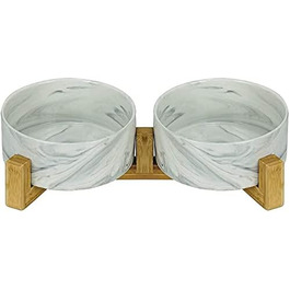 Миски для собак SP SEMPRE з кераміки з бамбуковими підставками, набір з двох мисок (13,5 см, білий мармур)