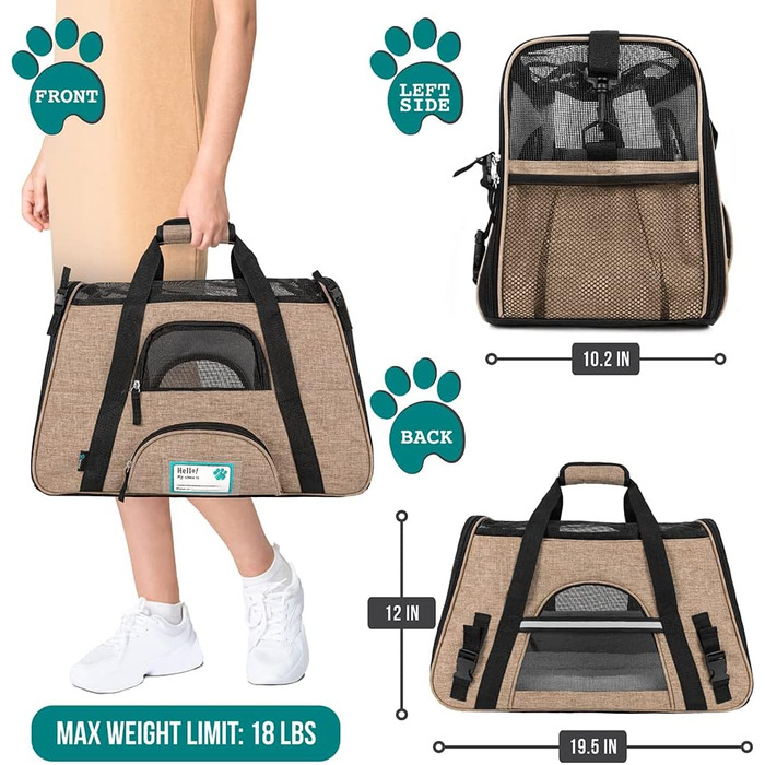 PetAmi Преміум переноска для тварин, схвалена авіакомпаніями | м'яка, вентильована, комфортна, з функціями безпеки | для котів, собак та інших домашніх тварин, середніх розмірів, коричнево-сіра, велика (19.5'L x 10.2'W x 12'H)