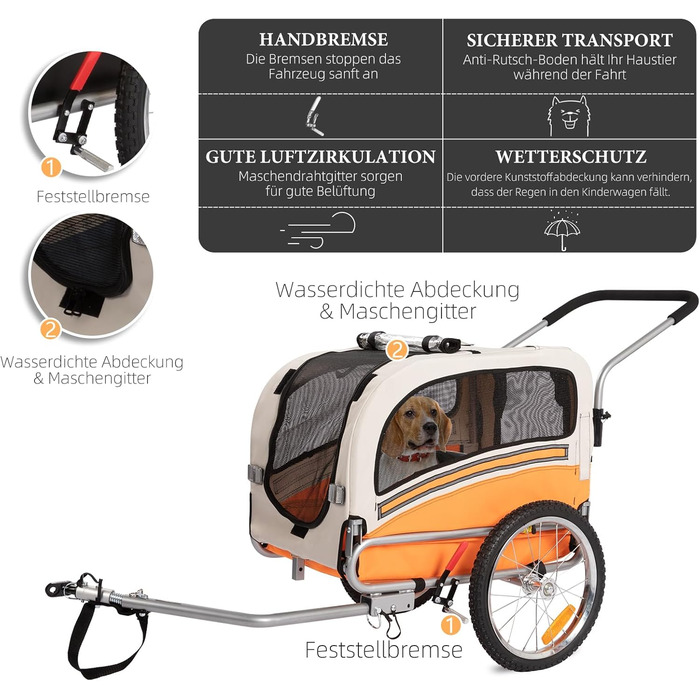 Причеп-трансформер для собак 2-в-1 для велосипеда та бігу – для собак до 30 кг, з гальмами, сигнальним прапором, для активного відпочинку та дому, легкий у збиранні (Помаранчевий)
