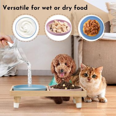 Підвищена годівниця для котів JAZUIHA з 2 широкими мисками, станція для годування з дерев'яною підставкою та силіконовою мискою, діаметр 18 см