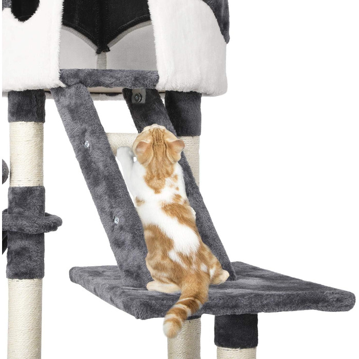Котячий драбина Yaheetech XXL, до стелі, 228-255 см, з 2 будиночками, кошиком і сизалевими стовпами, сірий-білий