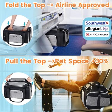Транспортна сумка для домашніх тварин Petskd, 48 x 33 x 23 см, чорна, підходить для авіакомпаній Southwest та Allegiant Airlines, для собак до 5,4 кг та котів до 6,8 кг
