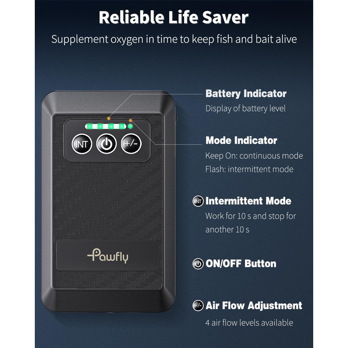 Pawfly Акумуляторний повітряний насос для акваріума 1.5W, USB, тиха портативна аераторна помпа для риб, 20-75 л, для риболовлі та аварійного живлення