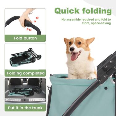 Дитяча коляска для собак з 4 міцними колесами, складна, з регульованою ручкою, подвійна місткість, вагон-переноска з передніми дверцятами, для маленьких собак (Блакитно-зелений)