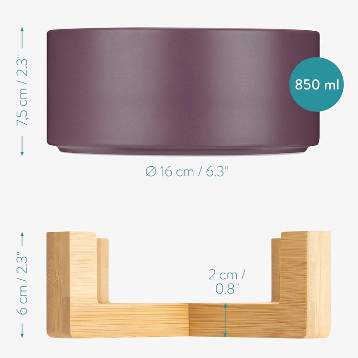 Набір мисок для котів та собак Navaris з бамбуковою підставкою (2 шт.) - миски з кераміки, фіолетовий