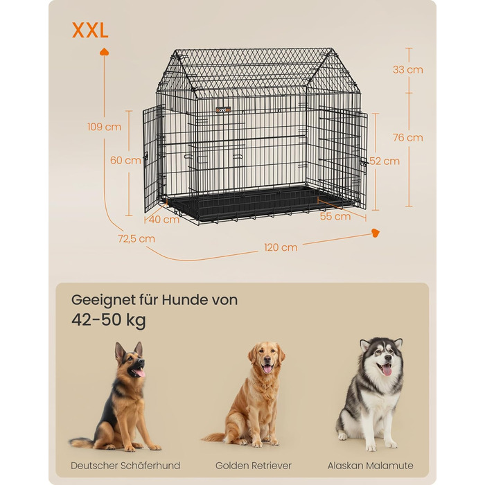 Клітка для собак Feandrea, 120 x 72,5 x 109 см, металева, XXL, для великих собак, з подвійною дверцятами, чорна, PPD015B01