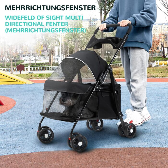 Візок для собак та котів 2-в-1 до 15 кг, складний, з гальмом, тримачем для напоїв та місцем для зберігання, для подорожей та прогулянок, 49.5×69.5×98 см