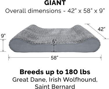 Крісло-лежанка для собак великих порід Furhaven з піною з пам'яті, знімний та пральний чохол, до 81,6 кг, ультра-м'яке штучне хутро та велюр, контурна матрацна поверхня, сірий колір, розмір XXXL (147 x 107 x 23 см)