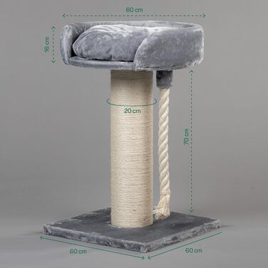 Дряпка для великих котів RHRQuality Chartreux, 80 см, з товстим сизалевим стовпом 20 см, люксова лежанка 60 см, світло-сіра