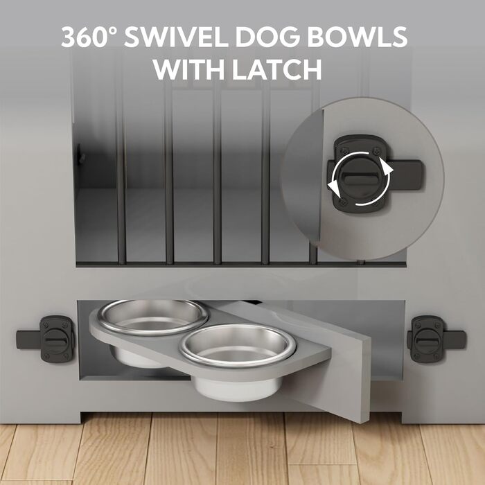 DAWNYIELD Клітка для собак, меблі, дерев'яна з відкидною дверцятами та шухлядою, стиль меблів, внутрішній вольєр для собак, стіл з поворотним миском на 360°, білий колір, біла розсувна дверцята (сіра розсувна дверцята)