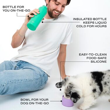 Водяна пляшка для собак Springer Dog and Me 680.4 г з нержавіючої сталі з ізоляцією - зберігає холод до 12 годин. З інтегрованою мискою для води. Кольори: фіолетовий та зелений.