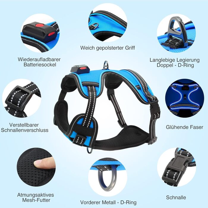 Світлодіодна шлейка для собак з LED-підсвічуванням, перезаряджувана, RGB, блакитна, XS