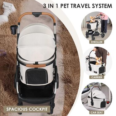 Дитяча коляска для тварин T6 Luxus, для собак середніх розмірів (до 30 кг) та котів, складна, знімний дах (Бежевий)