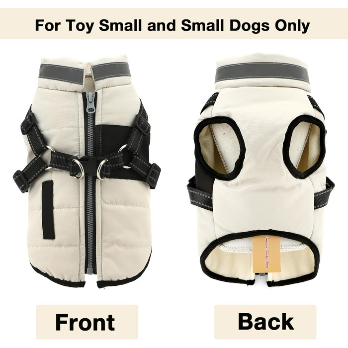 Теплий халат для тварин SMALLLEE_LUCKY_STORE з підкладкою з флісу, спортивна зимова куртка, жилет з повідком, D-подібний кільце, для маленьких собак та котів, світловідбиваючий, на блискавці, з підкладкою, чихуахуа, йоркширський тер'єр, (кремовий, L)