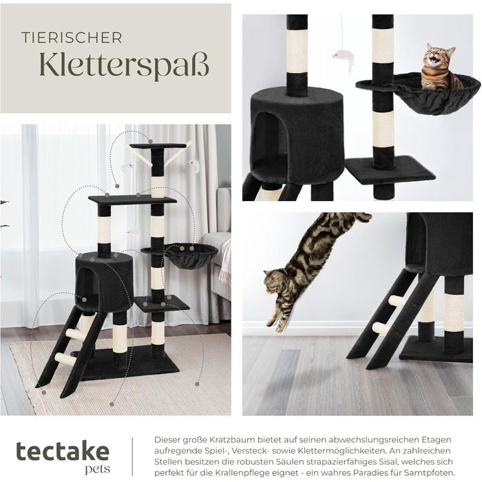 Когтеточка для котів tectake, середня, 144 см, з сизалевими стовпчиками, будиночком, драбинкою та ігровою зоною, чорна