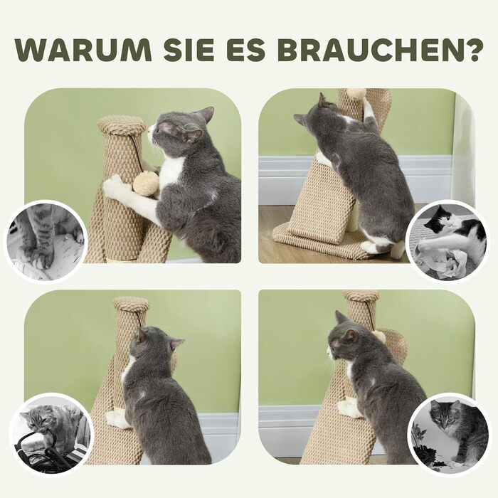 Котячий будиночок PawHut з когтеточкою, 54 см, кремово-білий, з іграшкою, 33 x 33 x 54 см