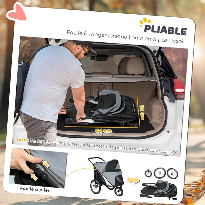 Візок для собак PawHut 3-колісний, сірий, складний, до 40 кг, з подушкою та безпековою лійною