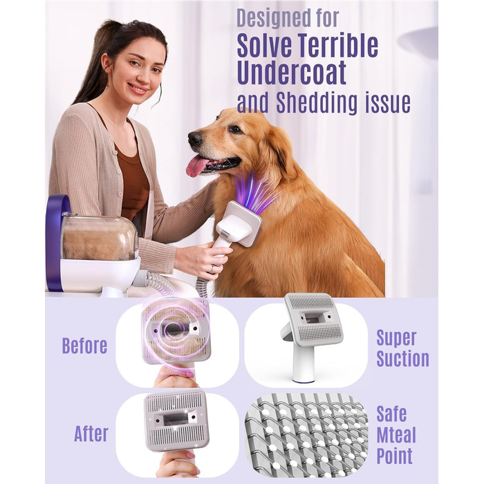 Набір для догляду за собакою Oneisall – пилосос для видалення шерсті з 4 насадками, фіолетовий