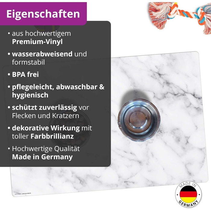 Підкладка для годівлі собак та котів 'Величний Білий Мрамор' з преміум вінілу - 60x40 см – неслизька, миюча, міцна - Зроблено в Німеччині