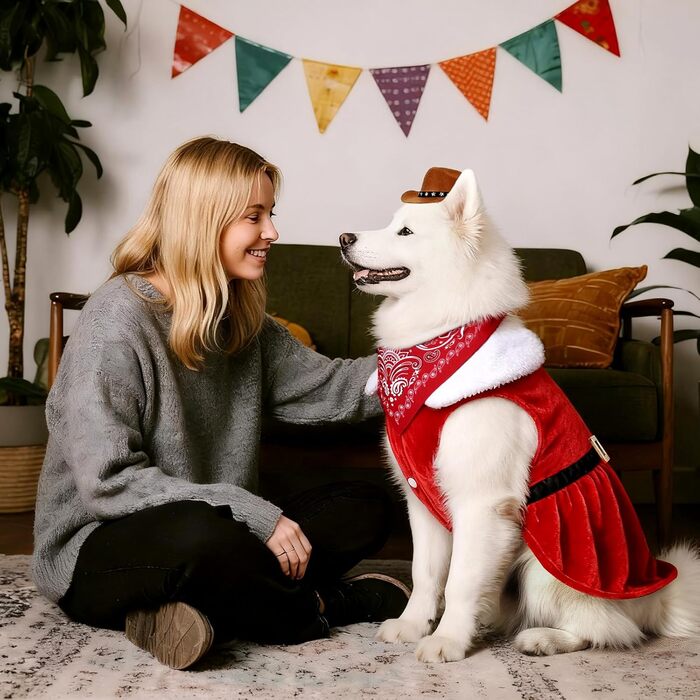 Костюм ковбоя для домашніх тварин: одяг для собак та котів, набір з костюмом, банданою та міні-ковбойським капелюхом, червоний, розмір M