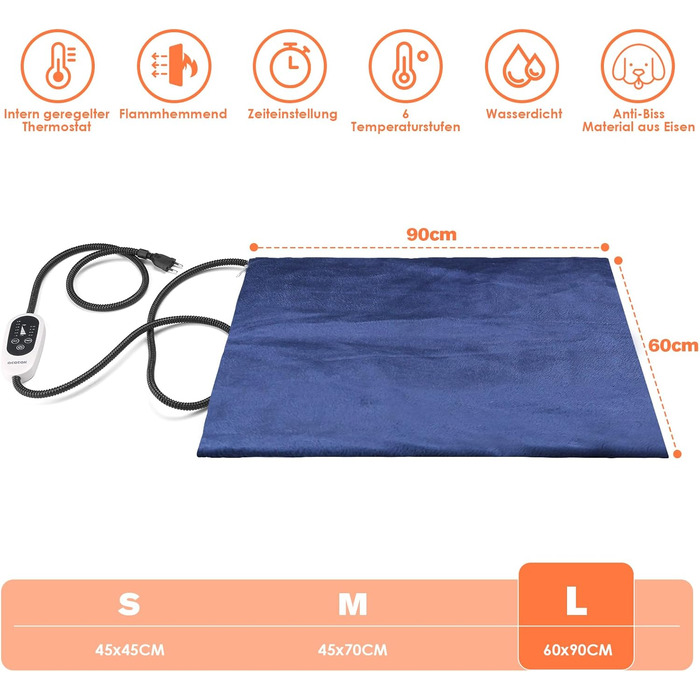 Килимок для підігріву домашніх тварин, великий для собак та котів, з регулюванням часу та температури, 60 x 90 см