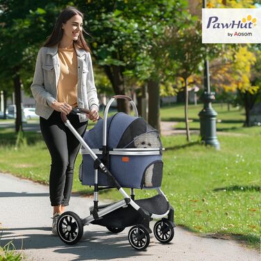 PawHut Візок для собак та котів 3-в-1, складаний, до 10 кг, з подушкою, сітковими віконцями, дверима та кошиком для зберігання (Блакитний)