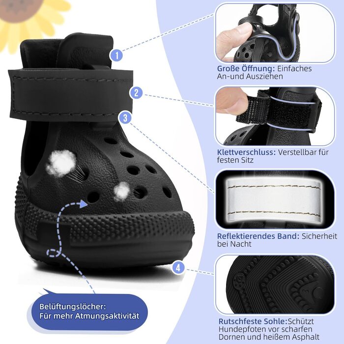 Черевики для собак SlowTon: дихаючі, неслизькі літні сандалі для собак з світловідбиваючими смугами, чорні, розмір 5