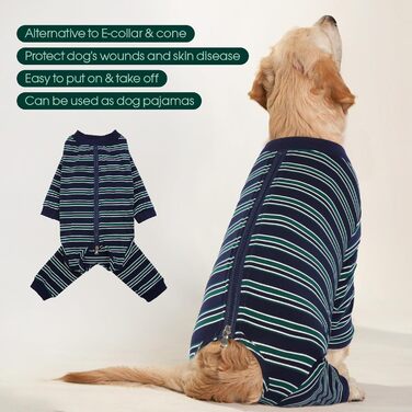 Комбінезон для собак Kuoser після операції, для великих собак, після кастрації, з довгими рукавами, альтернатива нашийнику, великий розмір XL/2XL (Rücken:49/55cm; Brust:71/80cm), смугастий темно-синій