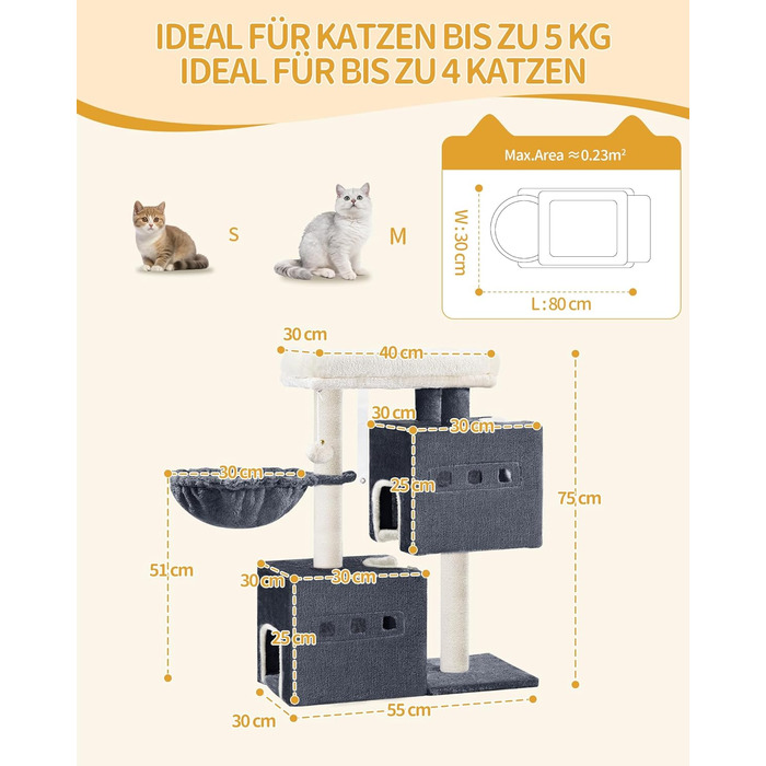 Дерево для котів Hzuaneri, 75 см, зі стійкою конструкцією, великою лежанкою, котячою печеркою, сизалевими стовпчиками, кошиком та іграшками, сірий колір