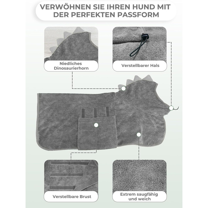 Рушник для собак з мікрофібри, халат для собак, швидковисихаючий, з регульованим коміром на липучці, для великих, середніх та маленьких собак/котів (Сірий, M)